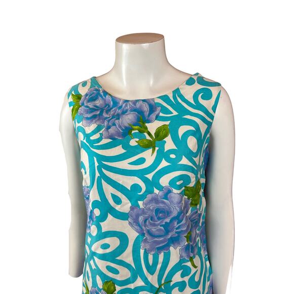 1960s Blue Swirl Floral Cotton Sleeveless Shift Dress Screen Printed / XS * - Picture 5 of 5